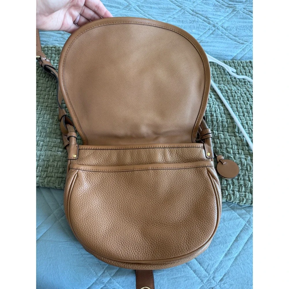 Michael Kors Brown Pebbled Leather Saddle Crossbody Bag Gold Clasp Acorn
